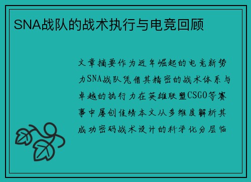 SNA战队的战术执行与电竞回顾